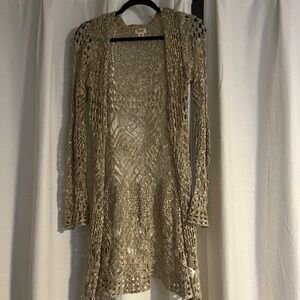 Tan Crochet Open-Front Cardigan